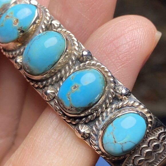Signed S Navajo Artist Sterling Silver Bracelet REAL Turquoise 2" wide 6" around - Picture 1 of 7